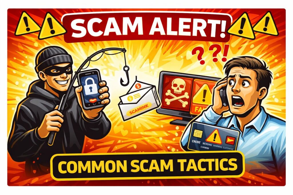 Scam alert infographic showing common scam tactics with illustrations of a scammer and victim